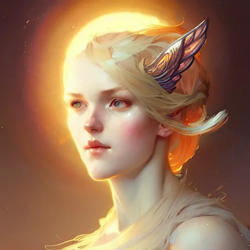 Image similar to A girl with blonde hair, fox ears, glowing halo, wings, fantasy, intricate, elegant, highly detailed, digital painting, artstation, concept art, smooth, sharp focus, illustration, art by Krenz Cushart and Artem Demura and alphonse mucha