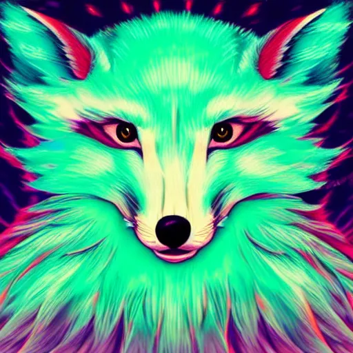 Prompt: digital minty green fox, retrowave palette, digital world, highly detailed, electric breeze, anatomically correct vulpine, synth feel, fluffy face, ear floof, flowing fur, super realism, accurate animal imagery, 4 k digital art