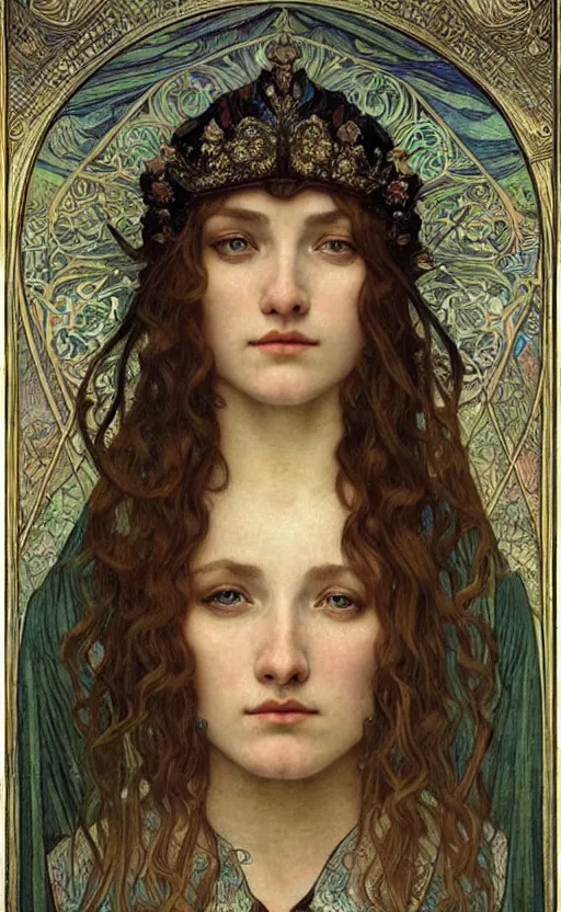 Image similar to detailed realistic beautiful young medieval queen face portrait by jean delville, alphonse mucha, vincent van gogh, and marco mazzoni, art nouveau, symbolist, visionary, gothic, pre - raphaelite