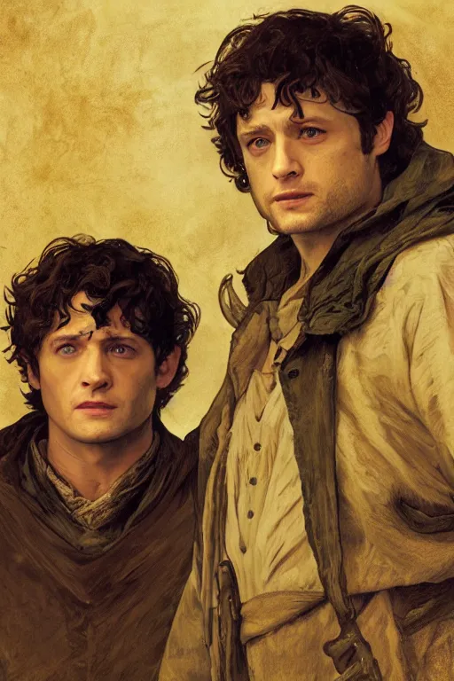 Prompt: a detailed matte portrait of jensen ackles dressed as frodo baggins and misha collins as samwise gamgee, masterpiece, 8 k, art by alphonse mucha and greg rutkowski