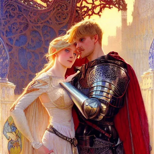 Image similar to attractive arthur pendragon and his favourite attractive knight, they are in love, camelot, natural lighting, path traced, highly detailed, high quality, digital painting, by gaston bussiere and ross tran and j. c. leyendecker and alphonse mucha