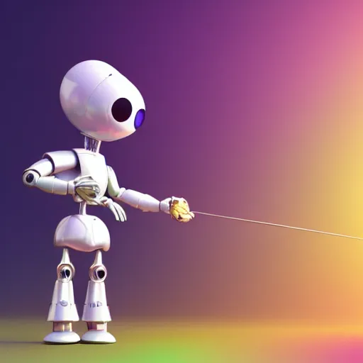 Image similar to a photorealistic 3 d render made in blender of a colourful friendly robot being poked by a man with a stick. background is a purple gradient