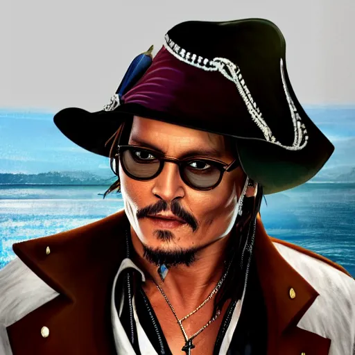 Image similar to Johnny Depp in a pirate costume sailing on a pontoon, cinematic,hyperrealistic, high detalied, high quality, digital art, artstation, 8k,