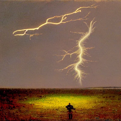 Image similar to landscape of lightning in the style of john atkinson grimshaw