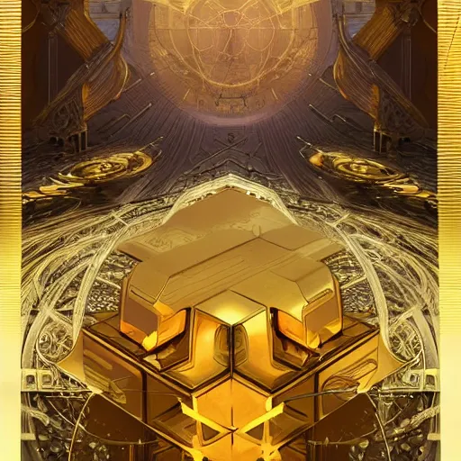 Image similar to hyper realistic golden quantum computer in the shape of a giant cube the size of a city , art by artery and Greg Rutkowski and alphonse mucha, sci-fi, fantasy, intricate, ornate, very very intimidating , highly detailed, digital painting, artstation, concept art, smooth, sharp focus, illustration