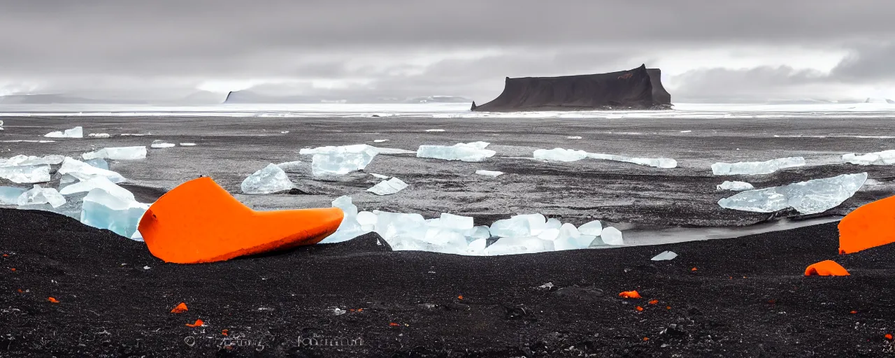 Image similar to cinematic shot of giant orange and white military spacecraft wreckage on an endless black sand beach in iceland with icebergs in the distance, 2 8 mm, shockwave