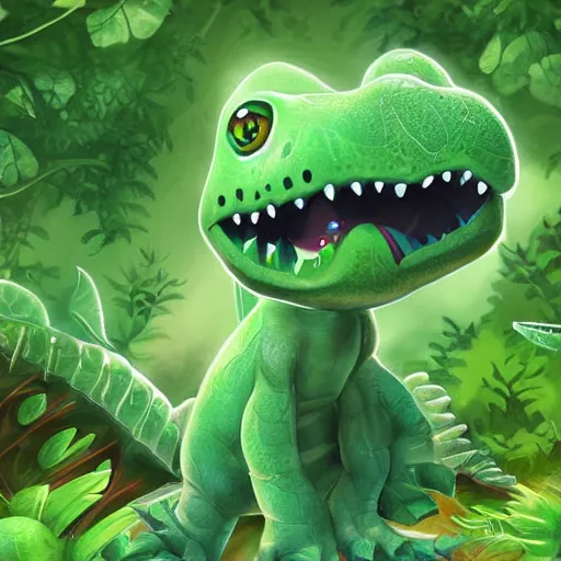 Prompt: an adorable chibi green dinosaur in a verdant primordial jungle, digital art, trending on artstation