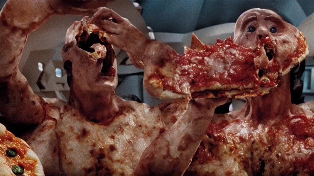 Prompt: giant monsters made of pizza and sharp teeth eating people, star trek, film still from a movie directed by Denis Villeneuve with art direction by Salvador Dalí, wide lens