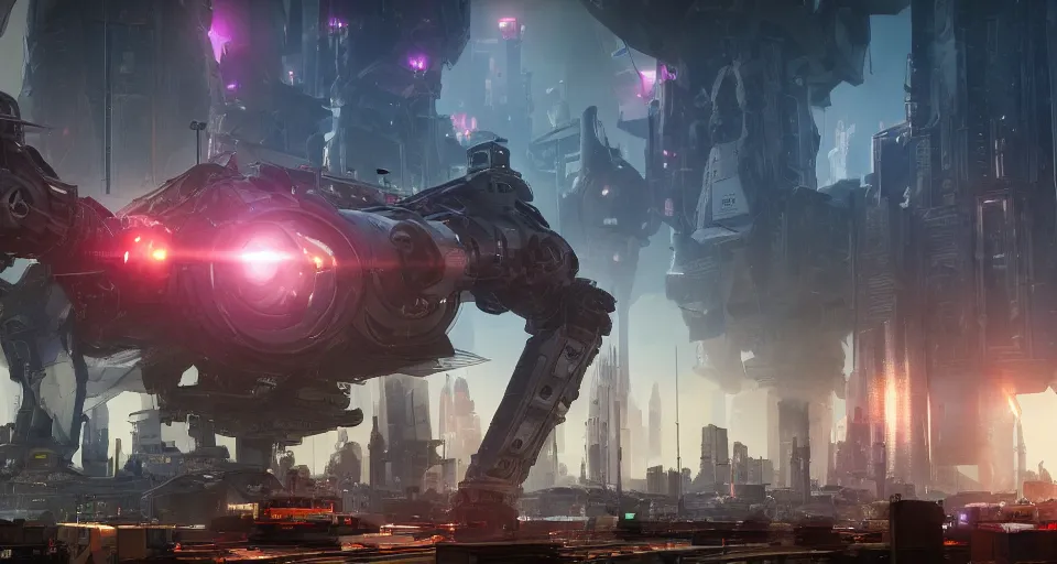 Prompt: a photo of an enormous mech towering over a crowd of astronauts in a futuristic city in the background, ultra realistic, hyper - detailed, unreal engine, raytraced lighting, colorful accents