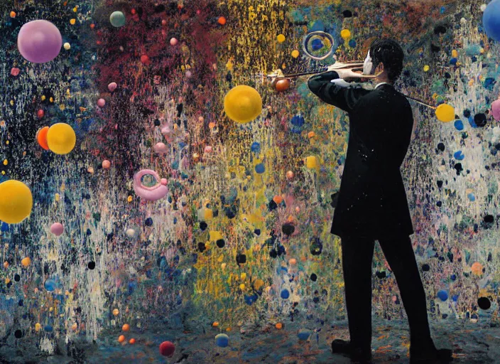 Prompt: portrait of a young violinist focusing, violin hanging in air, painted by vincent lefevre and hernan bas and pat steir and hilma af klint, psychological, symmetrical face, dripping paint, washy brush, background with hundreds of bubbles of memories by andreas gursky, rendered in octane, altermodern, masterpiece