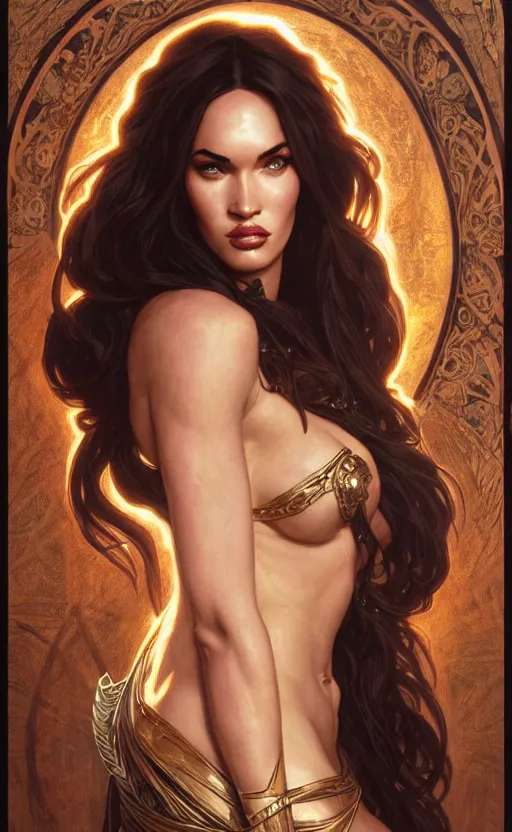 Image similar to portrait of megan fox as the goddess circe, greek mythology, intricate, headshot, highly detailed, digital painting, artstation, concept art, sharp focus, cinematic lighting, illustration, art by artgerm and greg rutkowski, alphonse mucha, cgsociety