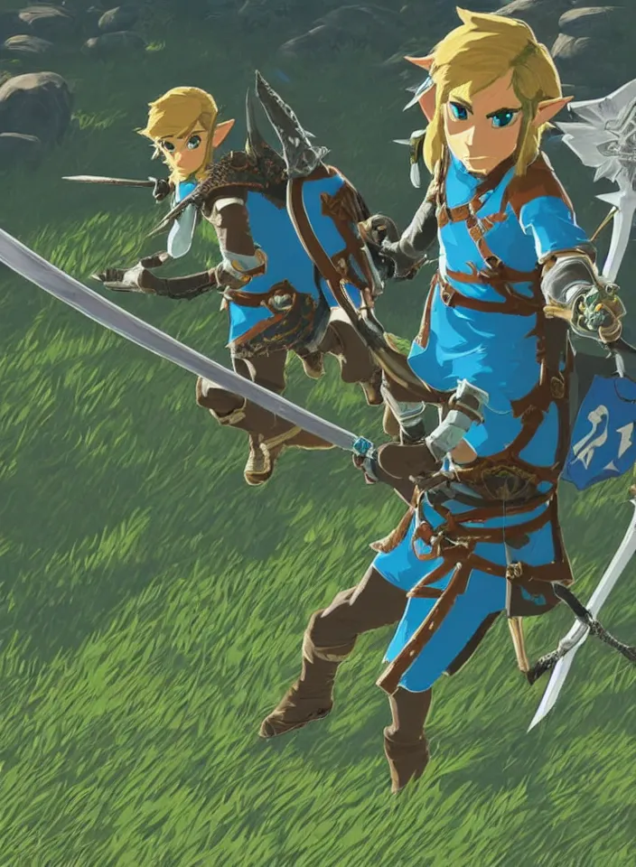 Prompt: a highly detailed render of link from the legenda of Zelda breath of the wild killing monster Bolsonaro with his sword, 4k screenshot