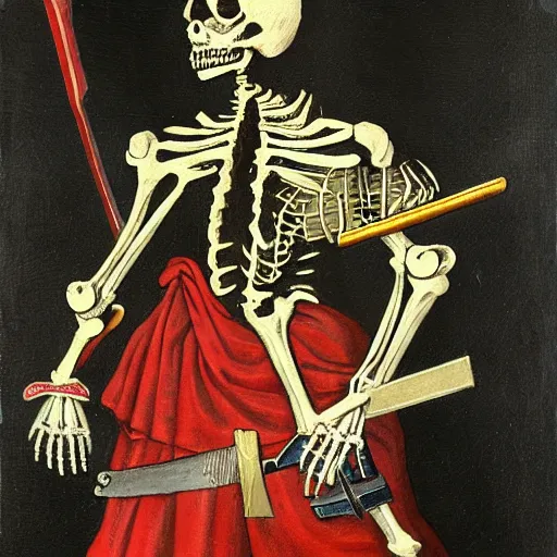 Image similar to skeleton in a colourful landsknechts uniform, wielding a sword, rennaissance painting