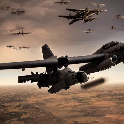 Prompt: United States military personnel, a-10 warthog flying close to the camera, war-torn environment, digital art, 8k, trending on art station