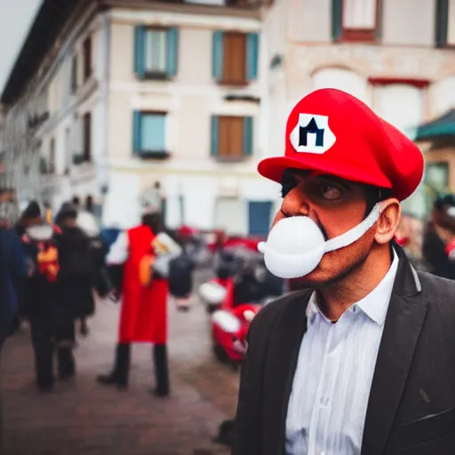 Prompt: a italian man with a mustache dressed as Mario wearing a solid red Mario hat drooling, eyes rolled back, being granted his citizenship at Staten Island 50mm lens, f1.8.