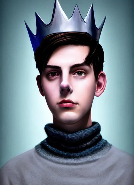 Image similar to portrait of teenage jughead jones wearing a light grey crown, crown, blue turtleneck, closed eyes, photorealistic, black hair, glowing lighting, intricate, elegant, glowing lights, highly detailed, digital painting, artstation, concept art, smooth, sharp focus, illustration, art by wlop, mars ravelo and greg rutkowski