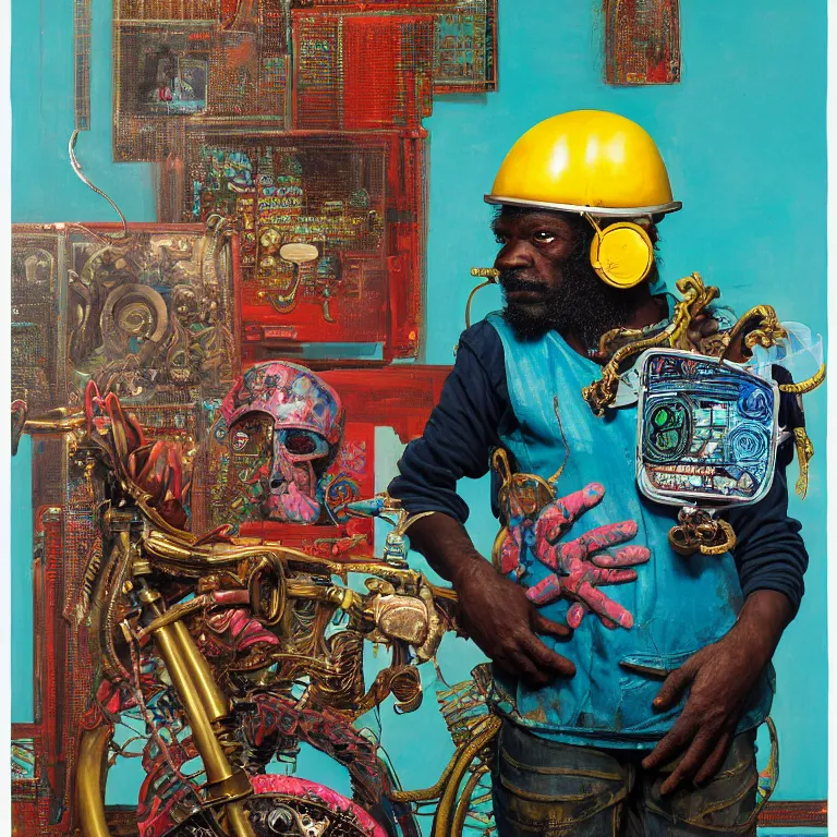 Prompt: portrait of a caribbean welder in ornate motorcycle helmet, background turquoise plastic bag, circuitboard, rich deep colors, ultra detail, by francis bacon, james ginn, petra courtright, jenny saville, gerhard richter, zdzisaw beksinsk, takato yamamoto. stanley kubrick mood, masterpiece, elegant, studio ighting, 3 5 mm