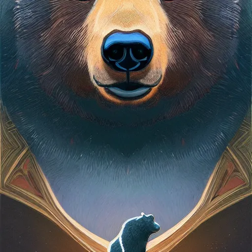 Image similar to realistic bear playing triangulated triangular setar, realistic portrait, symmetrical, highly detailed, digital painting, artstation, concept art, smooth, sharp focus, illustration, cinematic lighting, art by artgerm and greg rutkowski and alphonse mucha