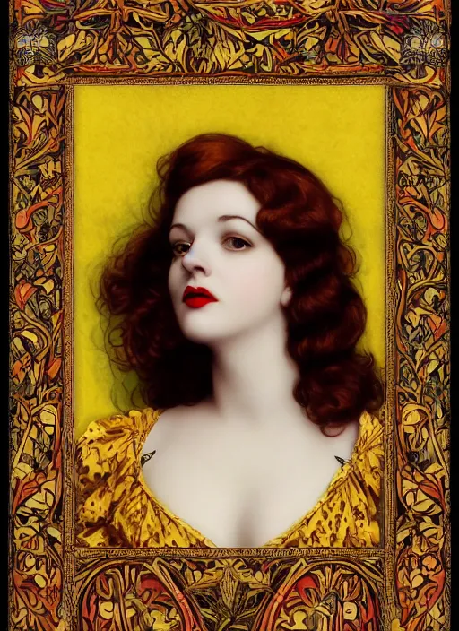 Image similar to masterpiece beautiful seductive curvey pose preraphaelite portrait photography, hybrid of judy garland and zooey deschanel, straight jagged fringe, yellow ochre ornate medieval dress, william morris and kilian eng and mucha, framed, 4 k