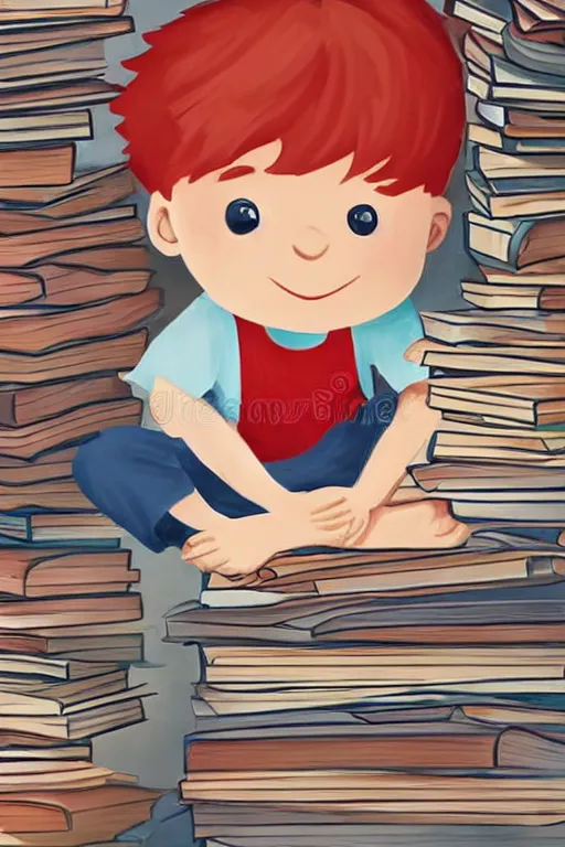 Image similar to a little boy with red hair sits cross legged on top of a tall pile of books. he is reading. clean elegant pretty cartoon painting, beautiful detailed face, storybook illustration.