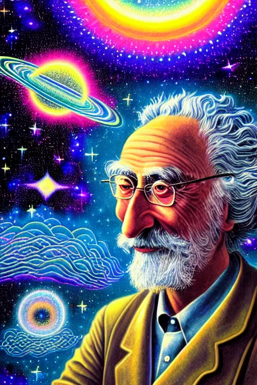 Prompt: a beautiful photorealistic render of albert hoffman scientist, iridescent, gazing into galaxies, ancient astronauts in space, universe, ornate soul, shooting stars, clouds, towers, futuristic structures, mandalas, artificial intelligence seeding humanity, miraculous, spiritual science, divinity, utopian, heaven on earth by lisa frank, david a. hardy, wpa, public works mural, socialist