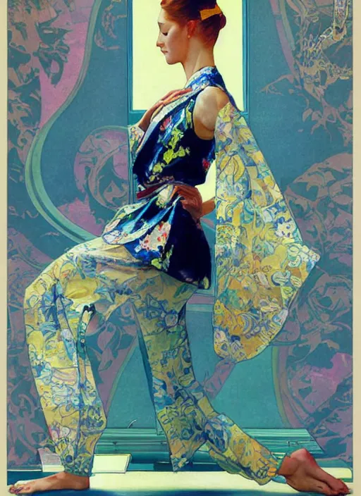 Image similar to an art nouveau realistic illustration poster of a girl doing yoga with a kimono designed by balenciaga by john berkey and norman rockwell