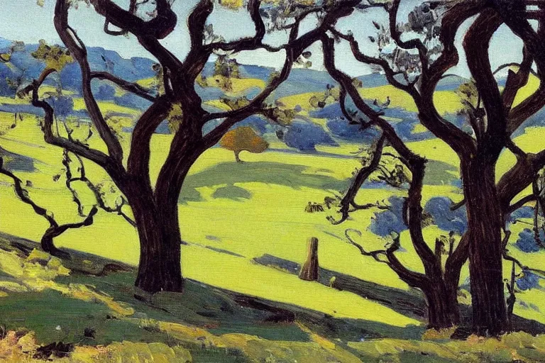 Image similar to masterpiece painting of oak trees on a hillside overlooking a creek, by harold gilman