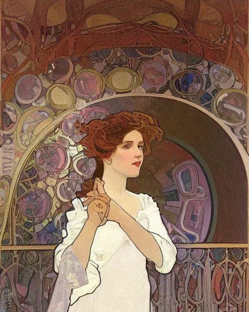 Image similar to painting alphonse mucha, the interior of the opera house, in the hollow of the hall a singer in a white dress on a lighted stage, palette of pastel colors