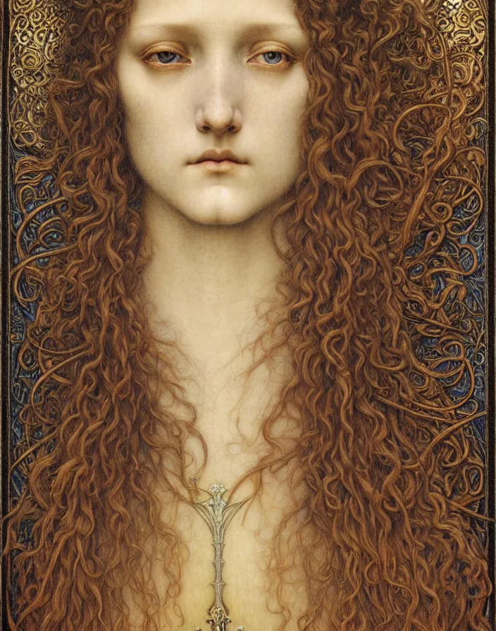 Image similar to detailed realistic beautiful young medieval queen face portrait by jean delville, gustave dore and marco mazzoni, art nouveau, symbolist, visionary, gothic, pre - raphaelite. horizontal symmetry