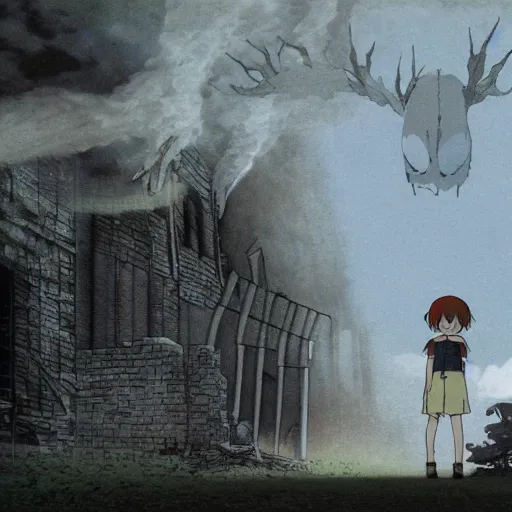 Image similar to ghost of a young girl, a burnt out church, wisps of smoke, photorealism, cel shaded, studio ghibli, hayao miyazaki