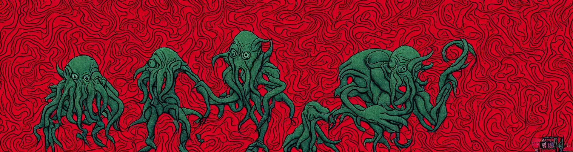 Image similar to shape-shifting Cthulhu lost inside the red room from Twin Peaks while David Lynch laughs in the background, fractal tile, Bob, mike judge art style, 90s mtv illustration