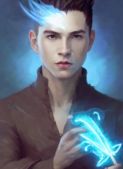 Image similar to character concept portrait of a handsome young wizard with olive skin and buzzed short spiky hairstyle casting a glowing spell with glowing runes, a floating iridescent spell book, intricate, elegant, digital painting, concept art, smooth, sharp focus, illustration, from Metal Gear, by Ruan Jia and Mandy Jurgens and Artgerm and William-Adolphe Bouguereau