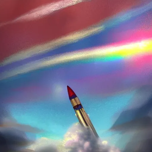 Prompt: a distant view of a space rocket taking off. The exhaust is rainbow clouds. Beautiful fantasy art digital painting trending on artstation