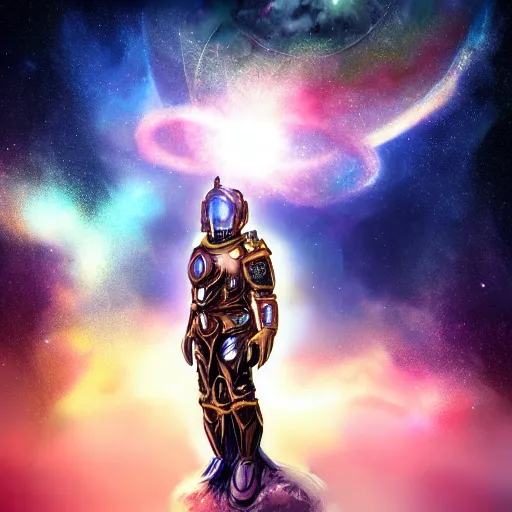 Image similar to photorealistic fantasy cosmic concept art of a cosmic god with armor made out of planets and dark matter, hovering in a unknown galaxy, fully body portrait, cinematic, dynamic lighting, ultra detailed, creative, trending on art station, creative