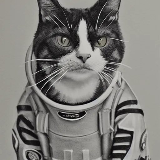 Image similar to a cat wearing a spacesuit, photorealistic pencil art