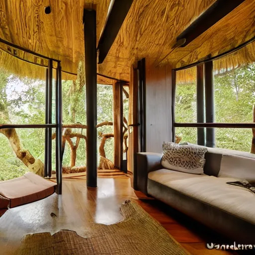 Prompt: interior of an epic treehouse. modern design, window viewing forest canopy, wooden bridge