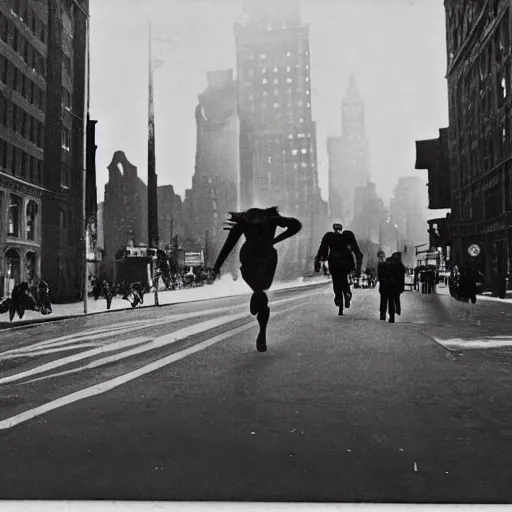 Image similar to old black and white photo, 1 9 1 3, depicting batman from dark knight running through the bustling streets of new york city, rule of thirds, three - point perspective, historical record