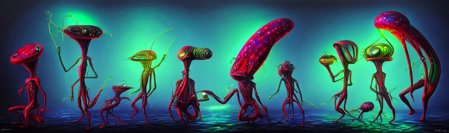 Image similar to strange alien plankton creatures from the depths of the collective unconscious, dramatic lighting, surreal darkly colorful painting by ronny khalil