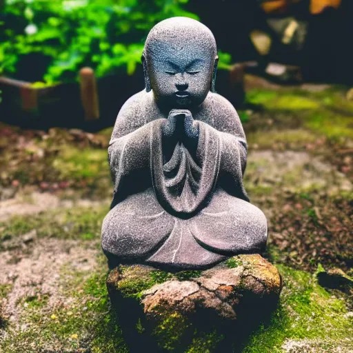 Image similar to photo of small jizo statue in a garden, high detail, cinematic, cute, beautiful lighting, 1 flower,