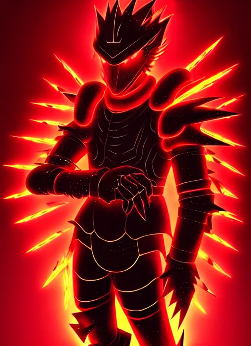 Image similar to a striking cinematic full body manga portrait of a black haired teenager wearing imposing red jagged spiked armour and glowing with red energy by hirohiko araki and beeple, fine details, digital art, character concept art, volumetric lighting, cinematic light, photorealistic