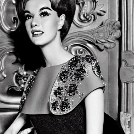 Image similar to close up of female movie star of the sixties with luxury dress, official valentino editorial, highly detailed