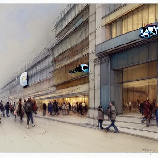 Image similar to (((2030s Interior of a Samsung Microsoft Apple flagship store muted colors.))) by Jean-Baptiste Monge !!!!!!!!!!!!!!!!!!!!!!!!!!!