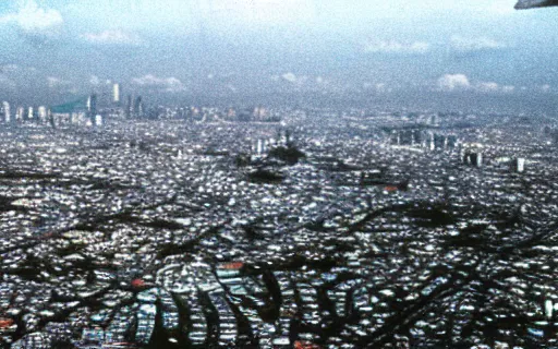 Image similar to A Filipino teenager flying above Metro Manila, wide shot, 35mm film, ethereal, by Iwai Shunji