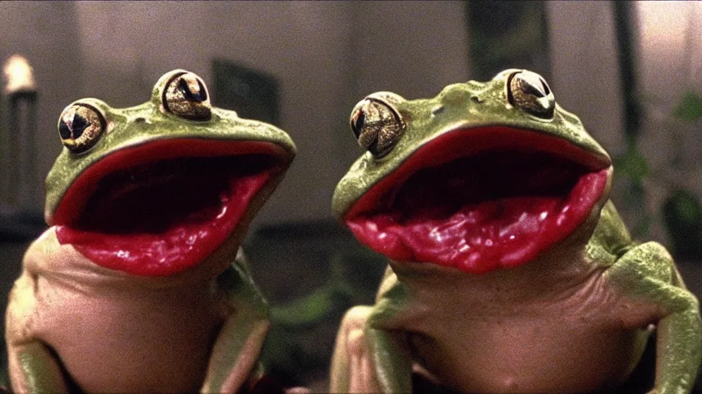 Prompt: A single anthropomorphic frog with a mouth full of sharp teeth laughing maniacally, a satanic ritual, by John Carpenter. Movie screenshot directed by Stephen Spielberg, and cinematography by Roger Deakins. Shot from a low angle. Cinematic.