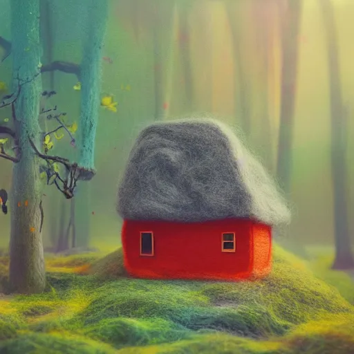 Image similar to small wooden house in the middle of spring forest, bright colours, watercolor, volumetric wool felting, macro photography, children illustration, by mike winkelmann