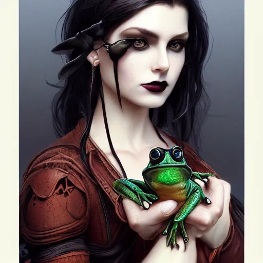 Image similar to attractive goth woman with a frog, intricate, highly detailed, digital painting, artstation, concept art, smooth, sharp focus, illustration, unreal engine 5, 8 k, art by artgerm and greg rutkowski and alphonse mucha