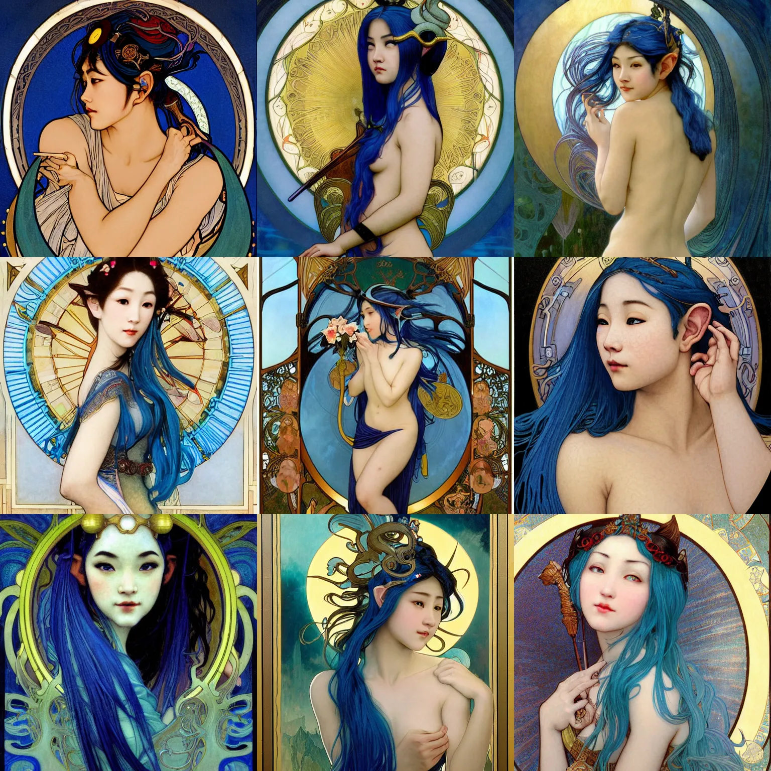 Prompt: stunning, breathtaking, awe-inspiring award-winning concept art nouveau painting of attractive Asian nymph with blue hair and elf ears, as the goddess of the sun, with anxious, piercing eyes, by Alphonse Mucha, Michael Whelan, William Adolphe Bouguereau, John Williams Waterhouse, and Donato Giancola, cyberpunk, extremely moody lighting, glowing light and shadow, atmospheric, cinematic, 8K