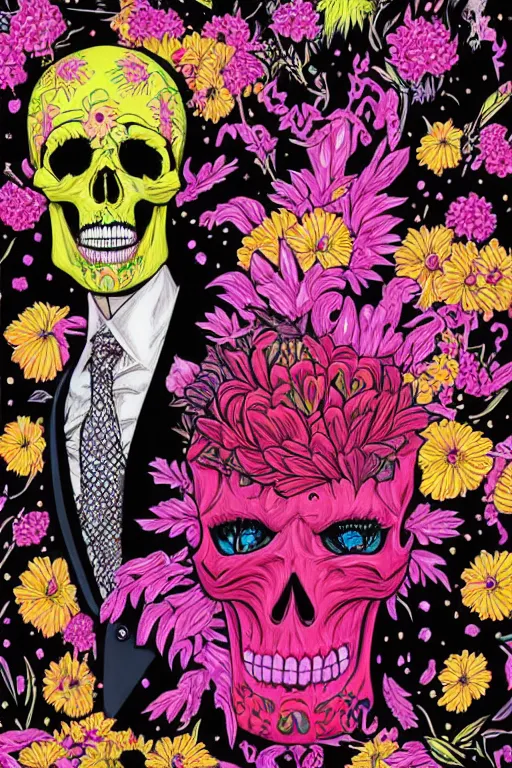 Prompt: large skull painted with vivid flowers on a black suit and tie by Jen Bartel and Dan Mumford and Satoshi Kon, gouache illustration