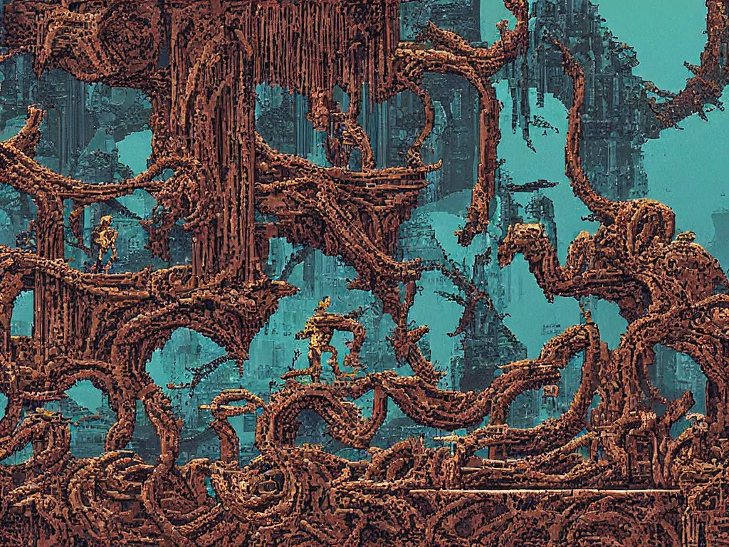 Image similar to Sega Mega Drive Genesis sidescroller game by H.R. Giger, Todd McFarlane, Zdzislaw Beksinski, pixelated