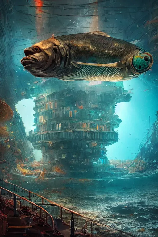 Prompt: hyperrealistic cinematic underwater dystopian futurist city ruins with giant bioluminescent multicolored mutant fish and cyborg jellyfish, digital art masterpiece, aykut aydogdu eric zener, very dramatic volumetric light, long shot, ground angle uhd 8 k, deep focus